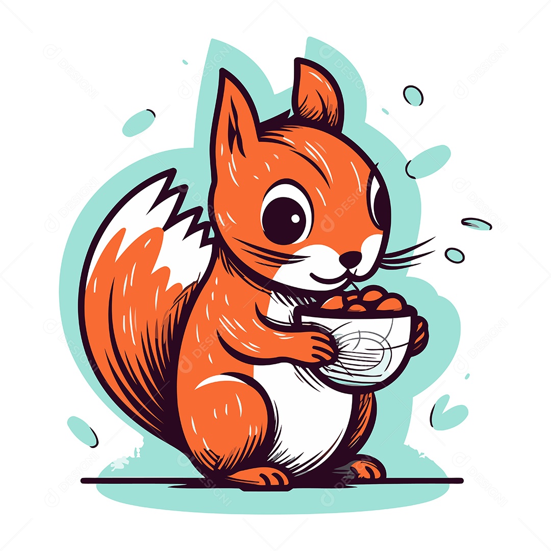 Esquilo Fofo com uma Tigela de Bolotas Ilustração Vetor EPS