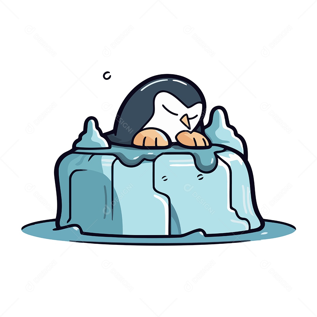 Pinguim Fofo Dormindo em um Bloco de Gelo Ilustração Vetor EPS