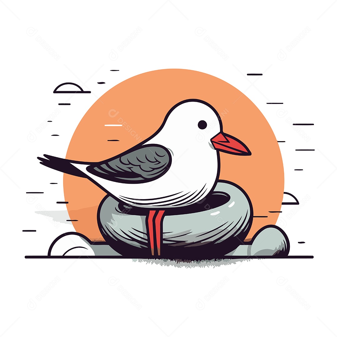 Gaivota em uma Pedra Desenho Animado Ilustração Vetor EPS