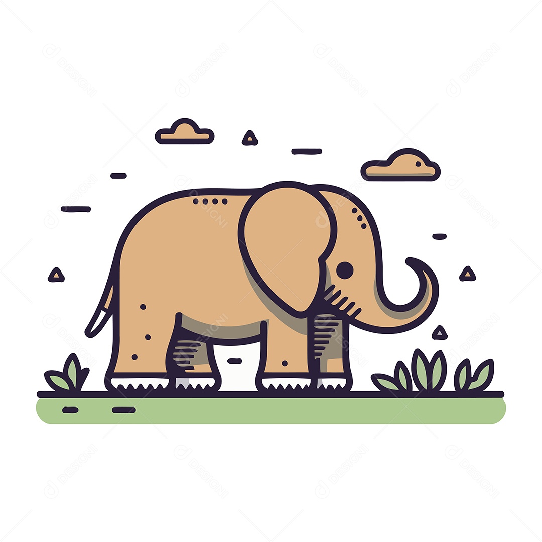 Elefante na Grama de Desenho Animado Ilustração Vetor EPS