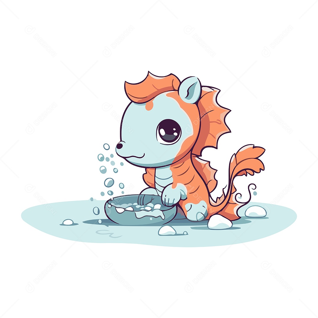 Cavalo Marinho Fofo com uma Tigela de Água Ilustração Vetor EPS