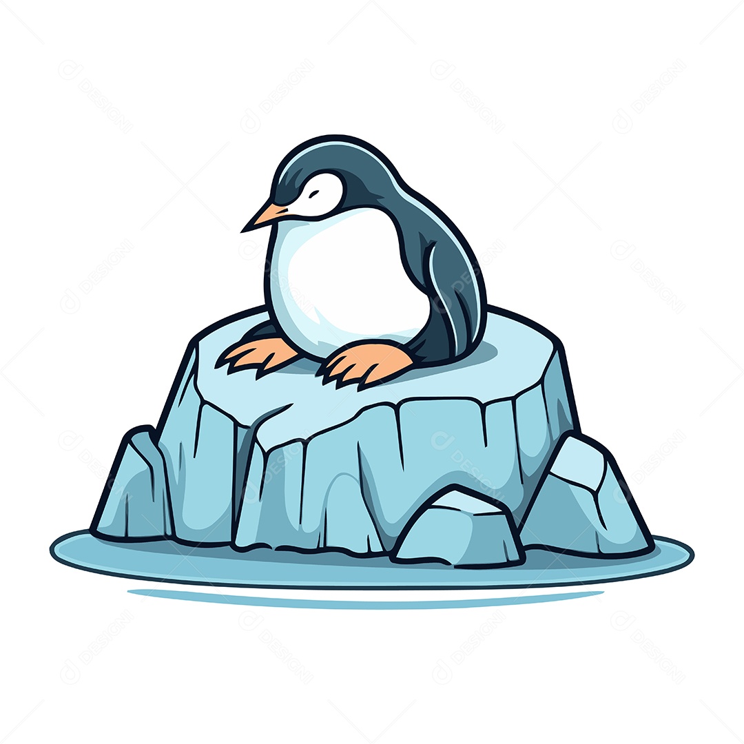 Pinguim Fofo Sentado em um Pedaço de Gelo Ilustração Vetor EPS