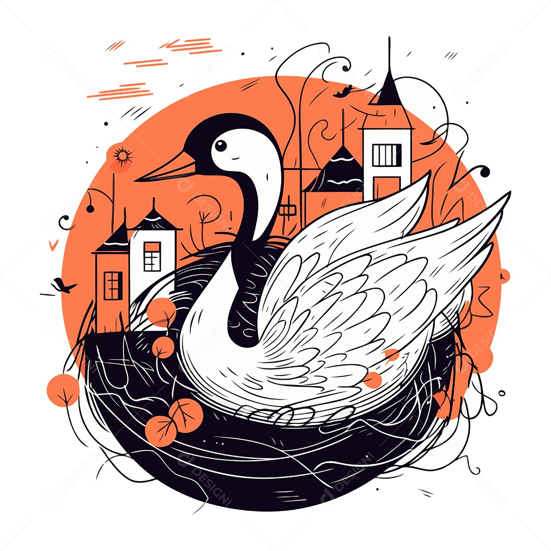 Cisne no Ninho ao Fundo da Cidade Ilustração Vetor EPS