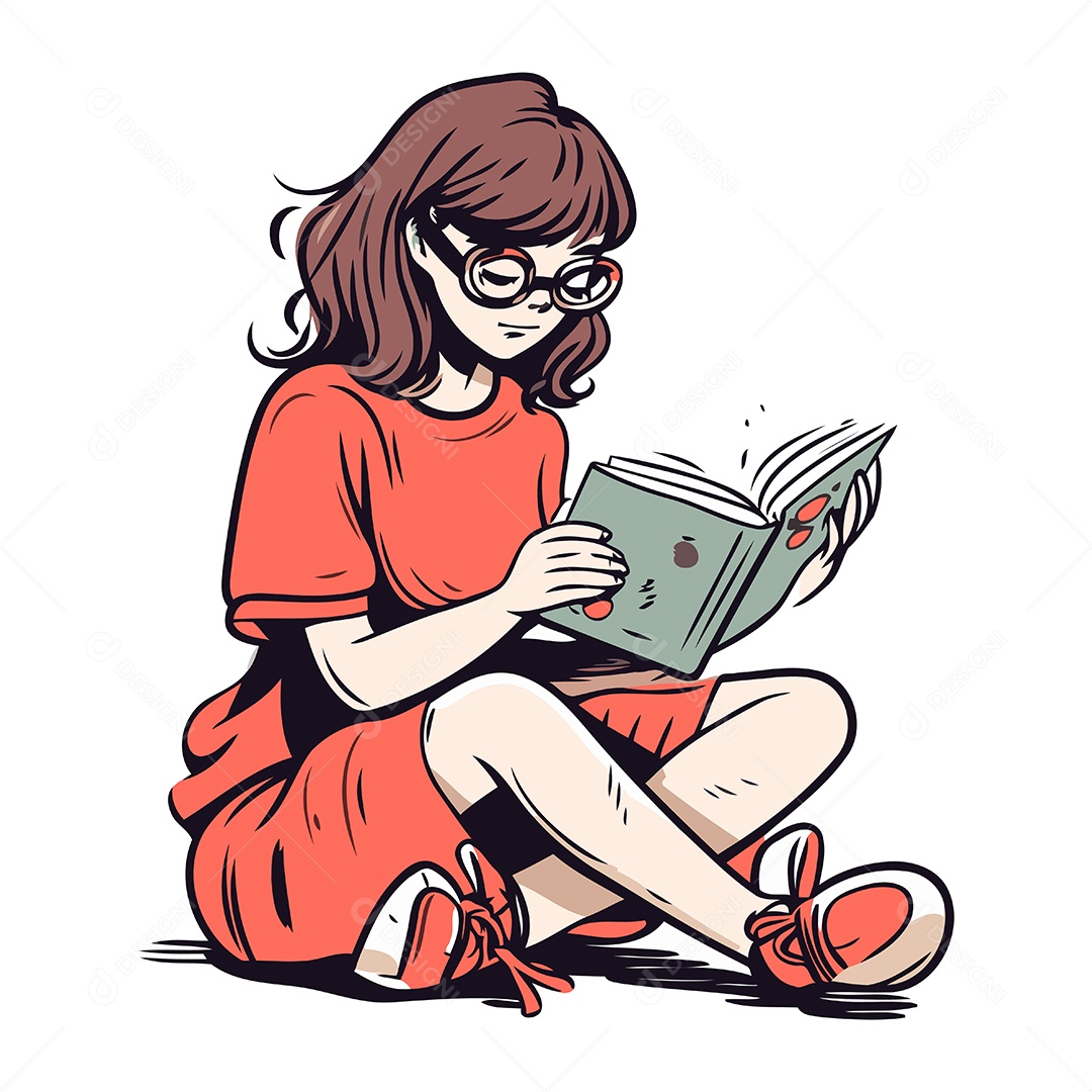 Menina Lendo um Livro de Desenho Animado Ilustração Vetor EPS