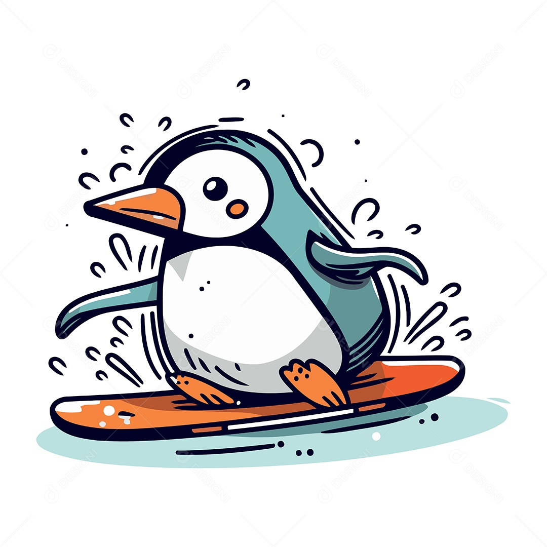 Pinguim Fofo Surfando em uma Prancha de Surfe Ilustração Vetor EPS