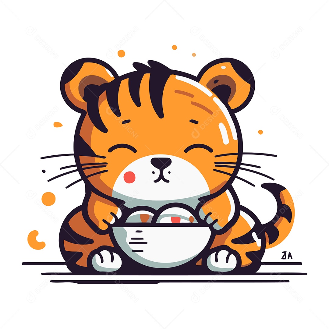 Tigre Fofo com uma Tigela de Sorvete Ilustração Vetor EPS