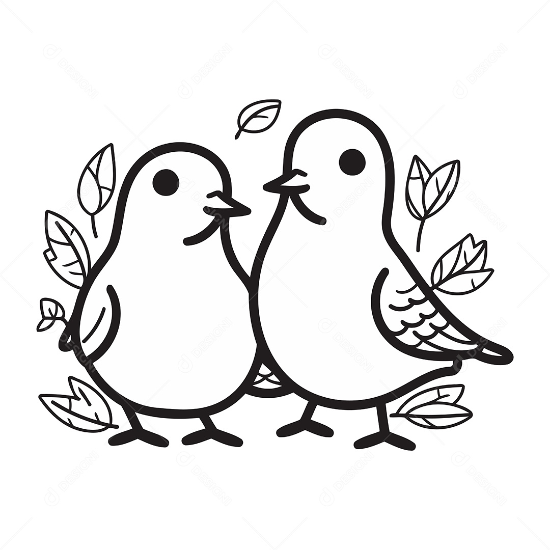 Pombos de Desenho Animado com Folhas Ilustração Vetor EPS