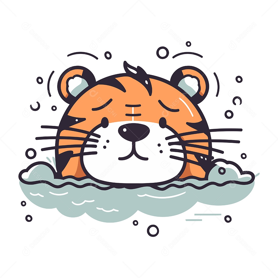 Tigre Fofo na Água de Desenho Animado Ilustração Vetor EPS