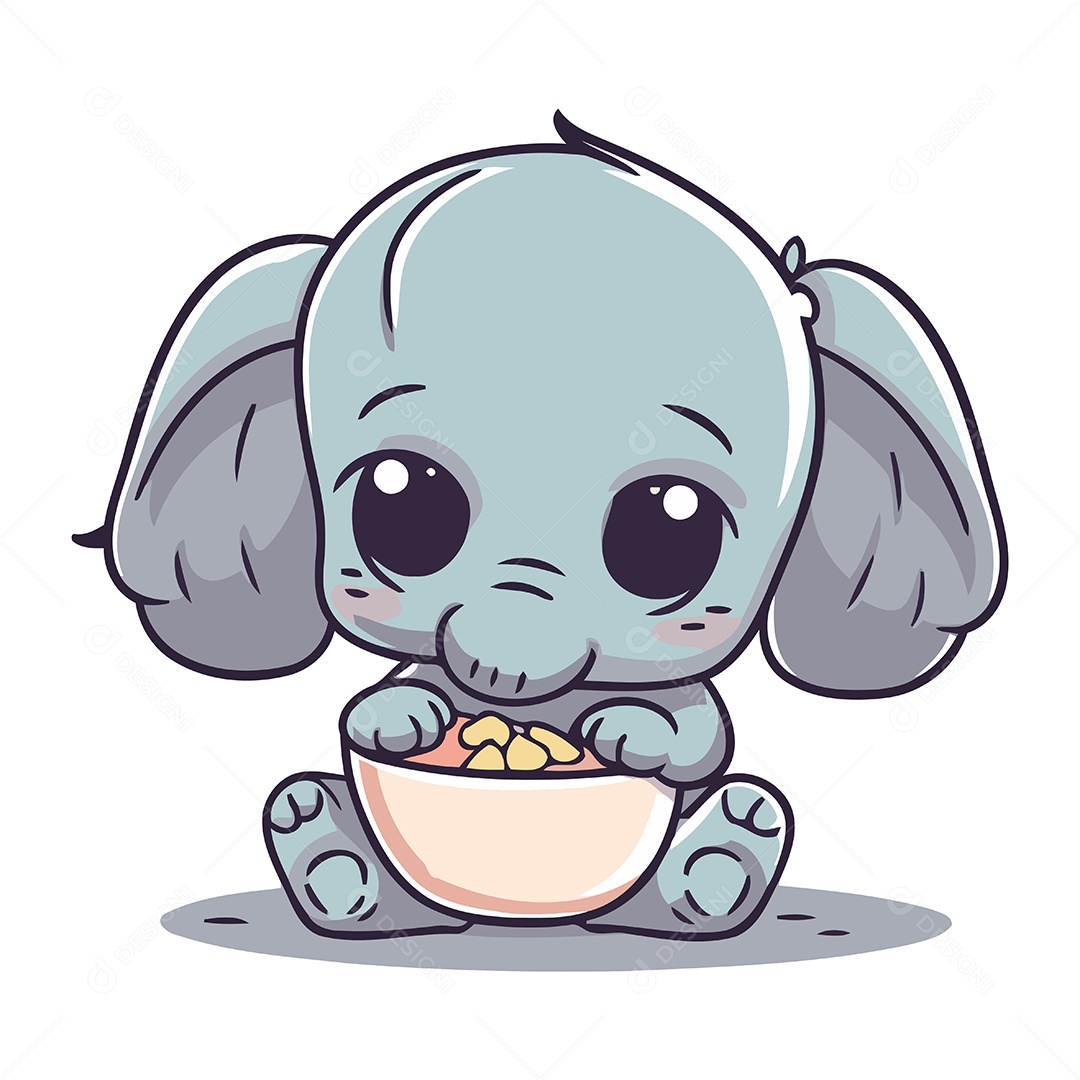 Elefantinho Fofo com Tigela Ilustração Vetor EPS