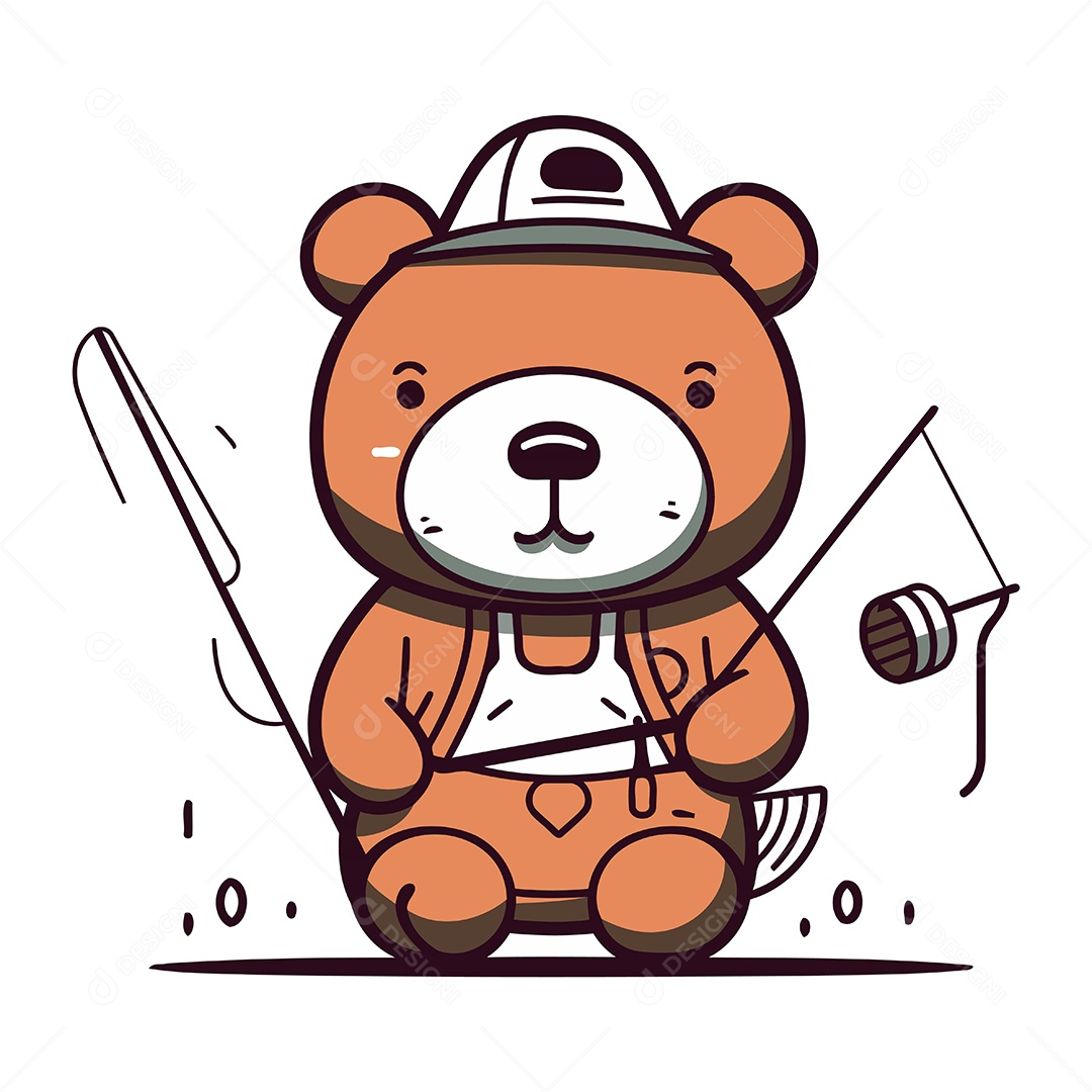 Urso Fofo com Vara de Pescar Ilustração Vetor EPS