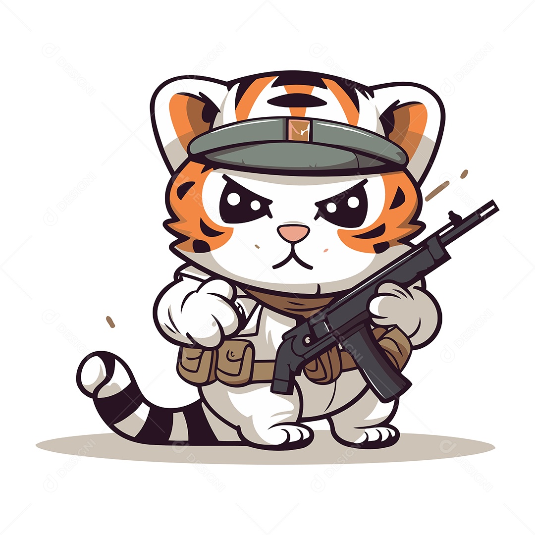 Tigre Fofo em Uniforme Militar com Metralhadora Ilustração Vetor EPS