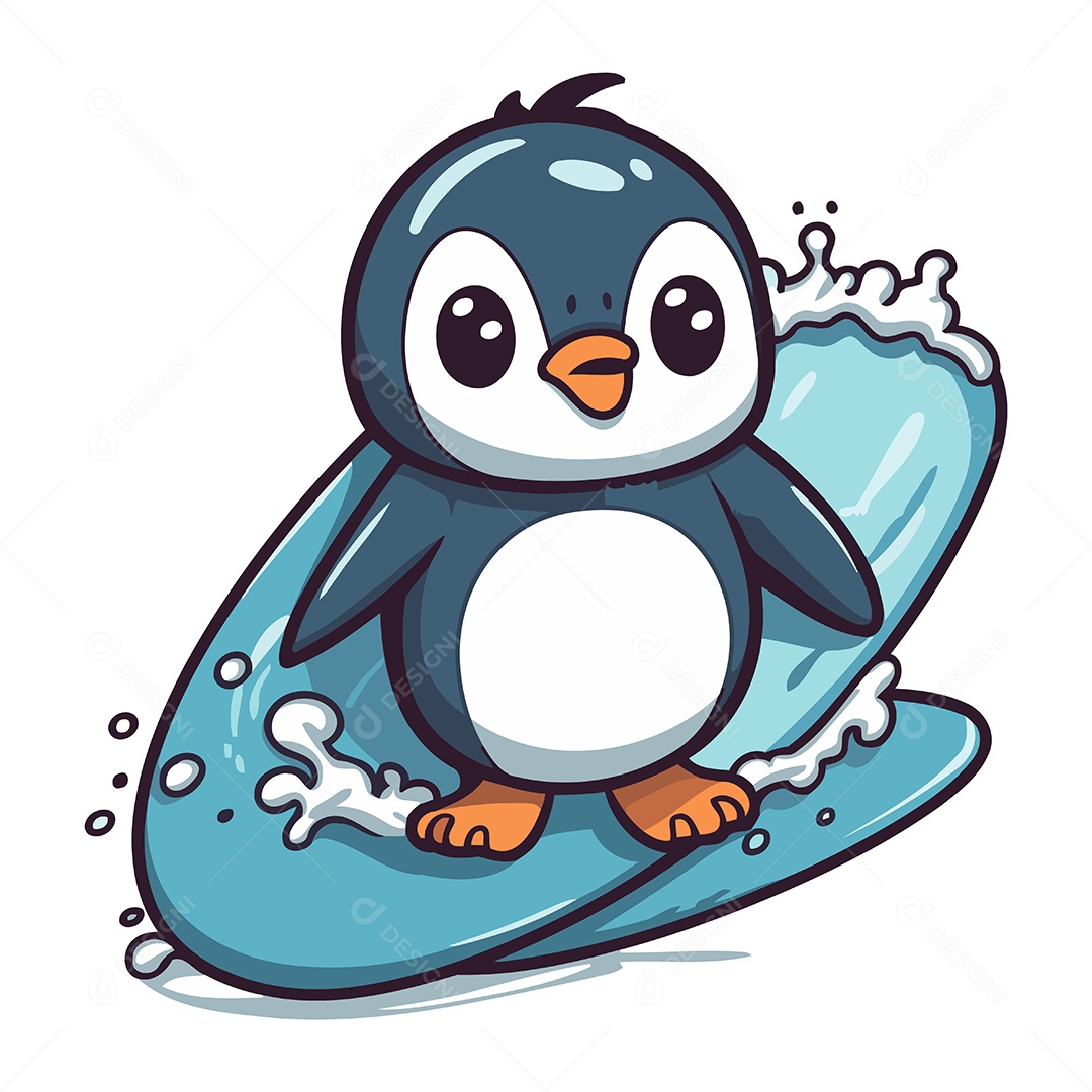 Pinguim Fofo Surfando em uma Prancha de Surfe Ilustração Vetor EPS