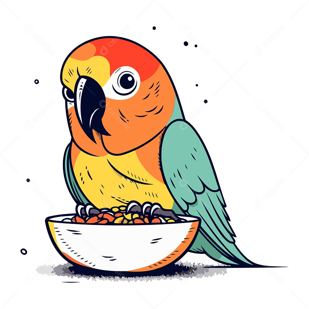 Papagaio Comendo Comida de uma Tigela Ilustração Vetor EPS