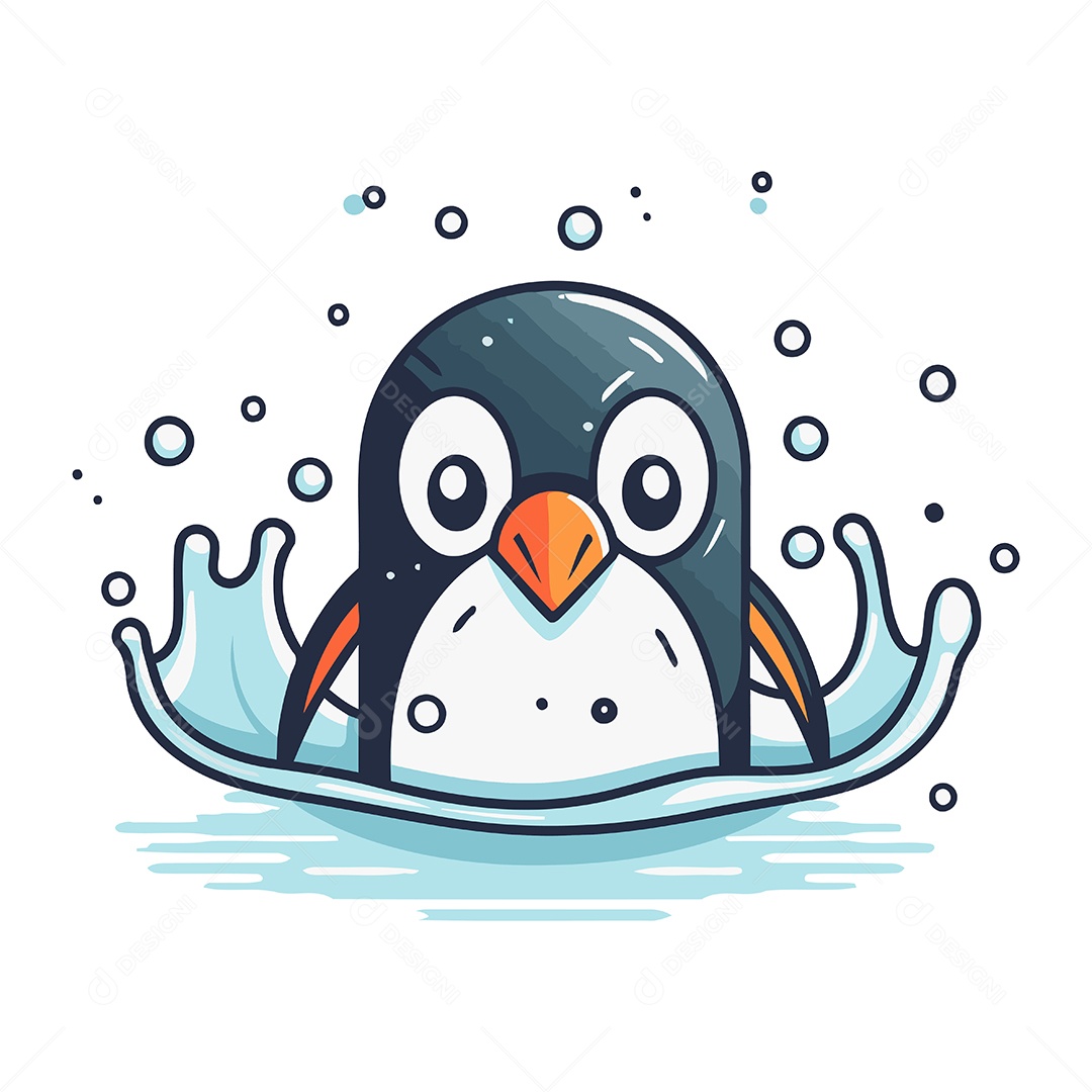 Pinguim Fofo na Água de Desenho Animado Ilustração Vetor EPS