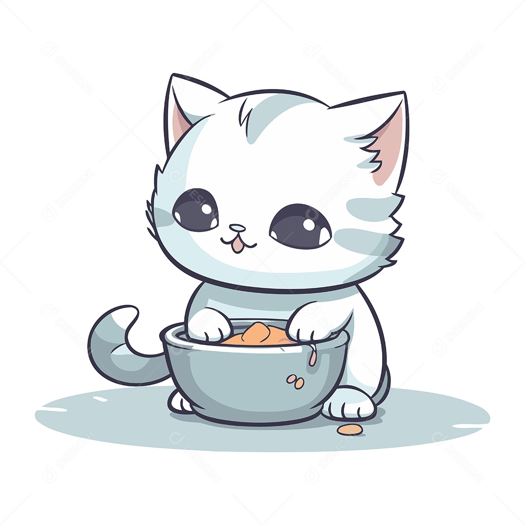 Gato Branco Fofo com Tigela Ilustração Vetor EPS