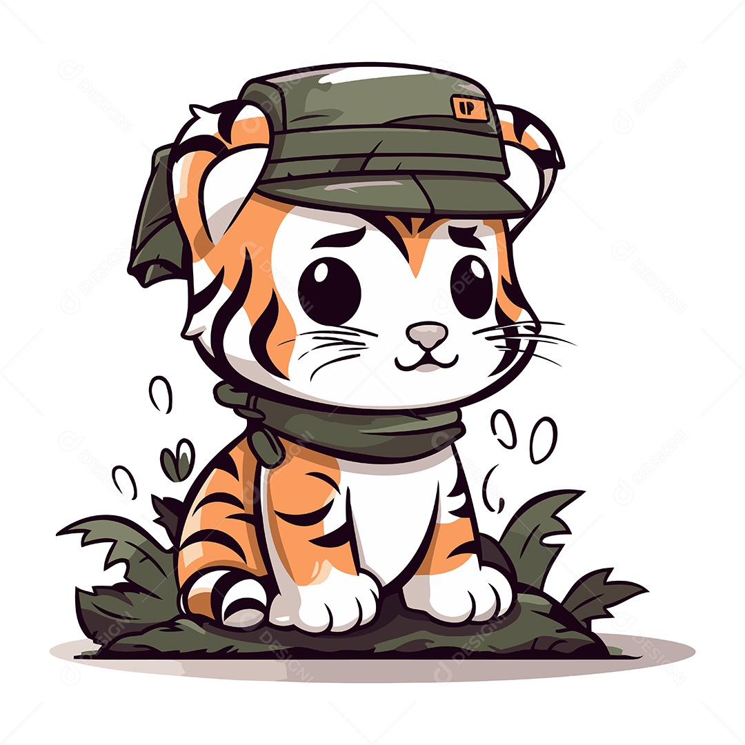 Tigre Fofo com Boné e Cachecol Ilustração Vetor EPS