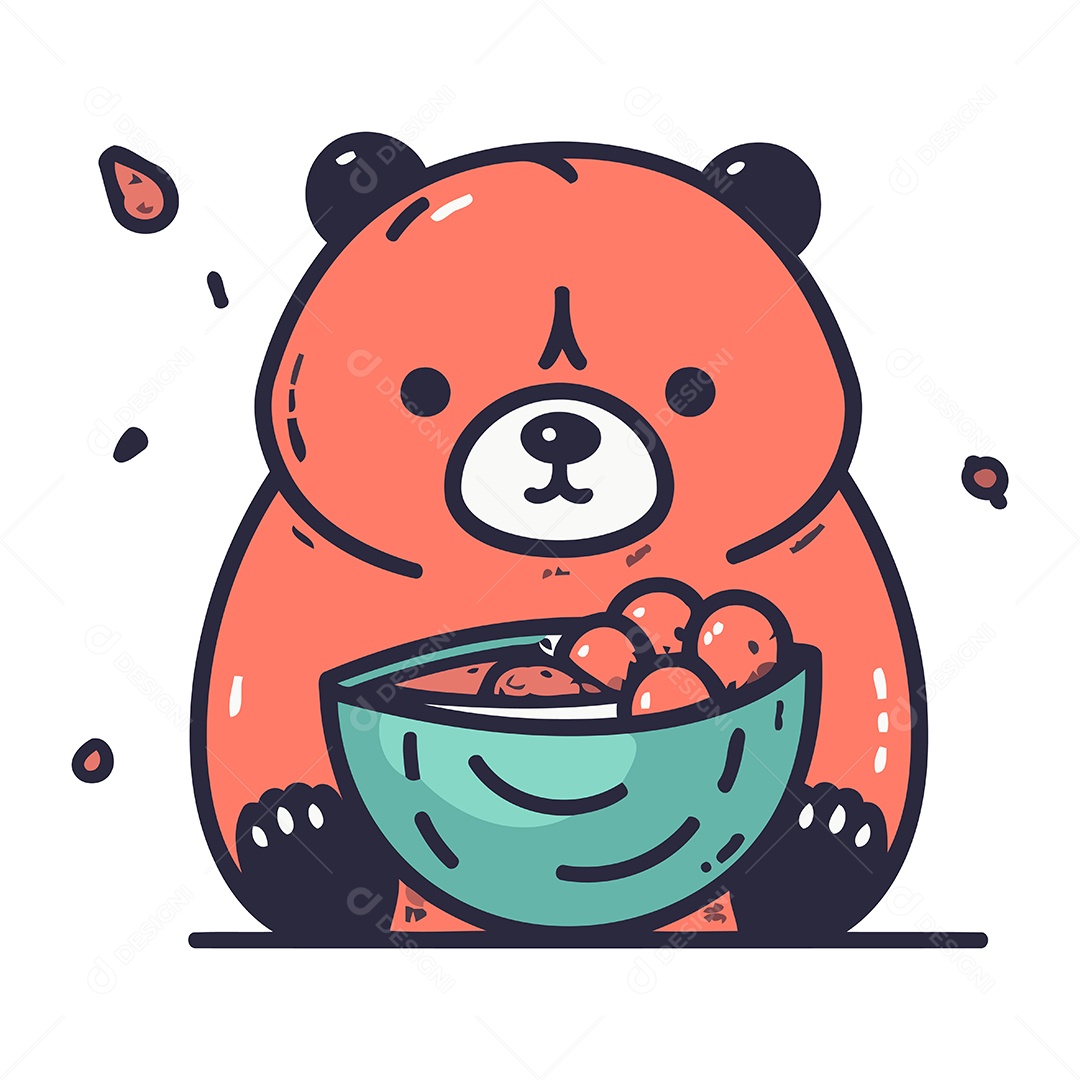 Urso Fofo de Desenho Animado com Tigela Ilustração Vetor EPS