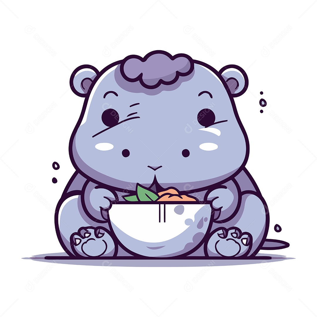 Hipopótamo Fofo Comendo uma Tigela Ilustração Vetor EPS