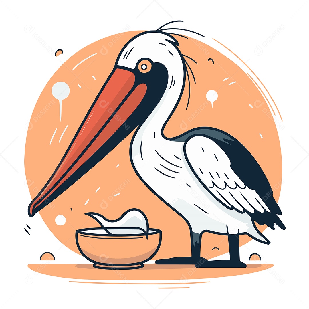 Pelicano de Desenho Animado com Tigela Ilustração Vetor EPS