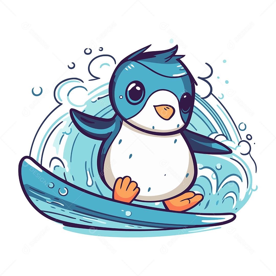 Pinguim Fofo em uma Prancha de Surfe Ilustração Vetor EPS