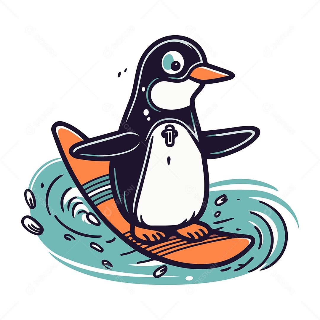 Pinguim Fofo Surfando em uma Prancha de Surfe Ilustração Vetor EPS