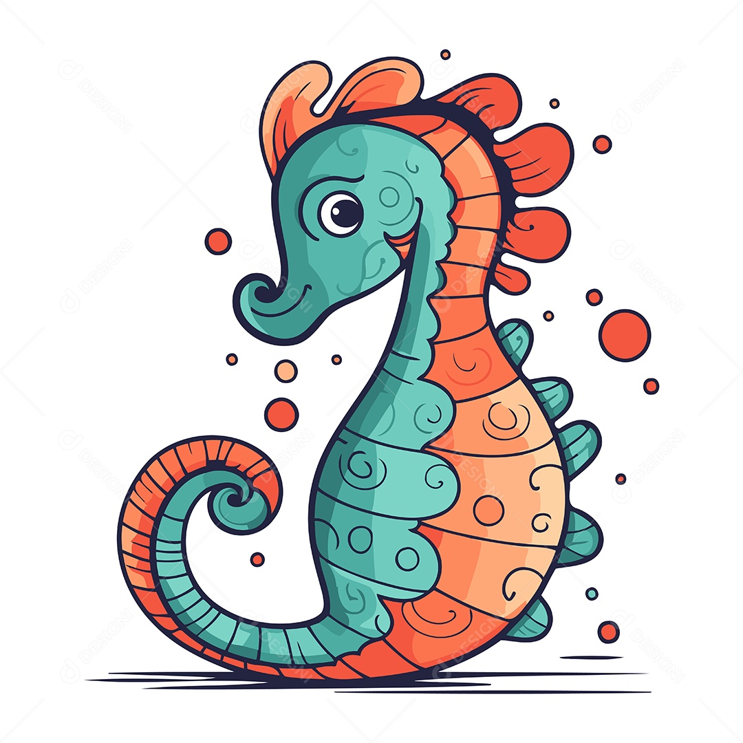 Cavalo Marinho Fofo de Desenho Animado Ilustração Vetor EPS