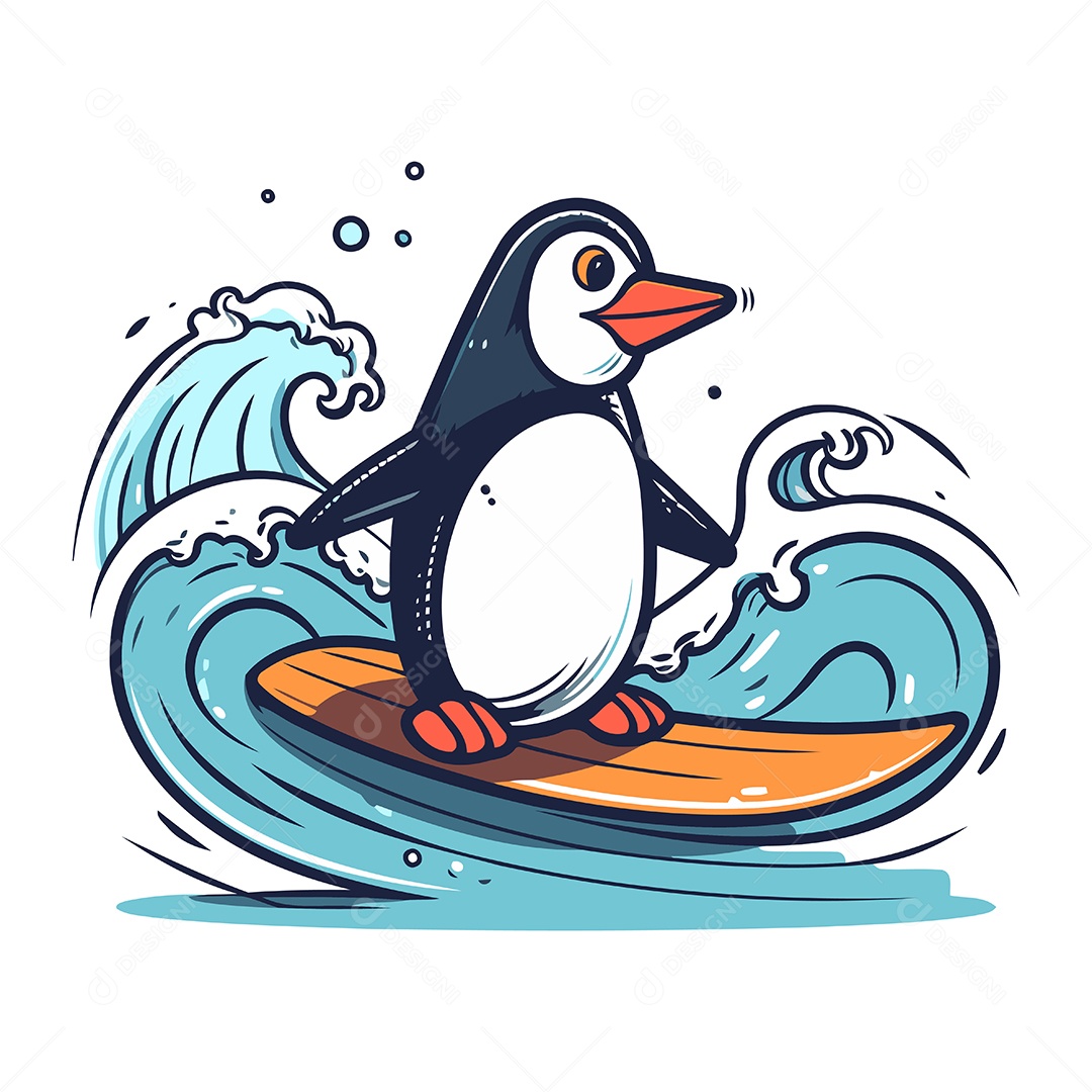 Pinguim Surfando Desenho Animado Ilustração Vetor EPS