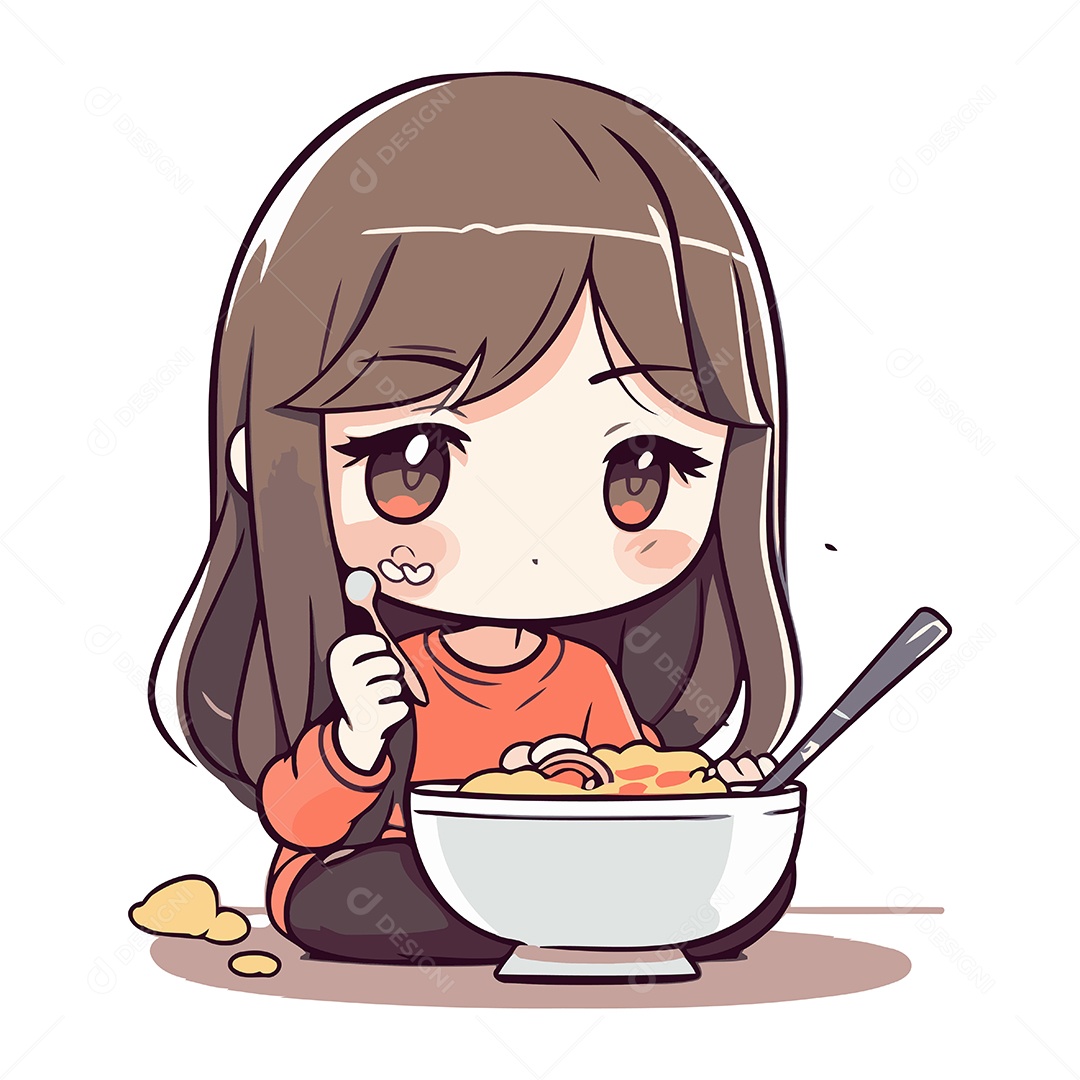 Menina Comendo de Desenho Animado Ilustração Vetor EPS