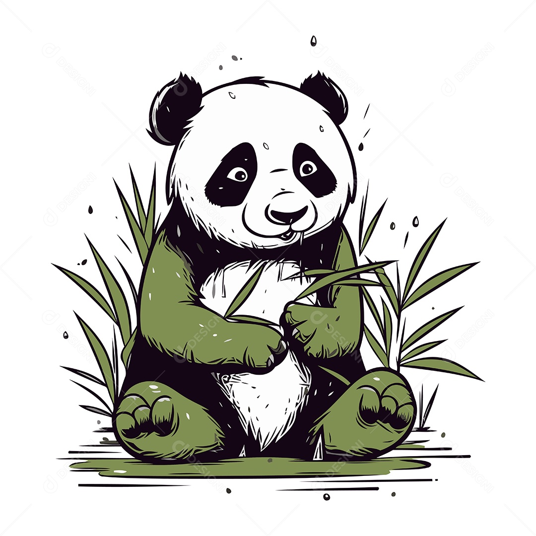 Panda Fofo Sentado na Grama Ilustração Vetor EPS