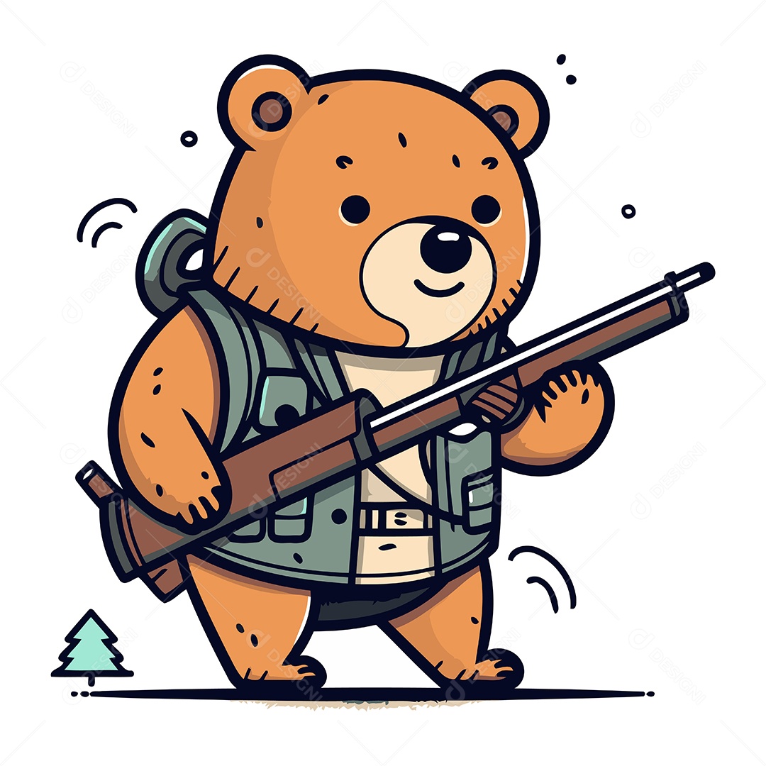 Urso Fofo com Rifle Ilustração Vetor EPS