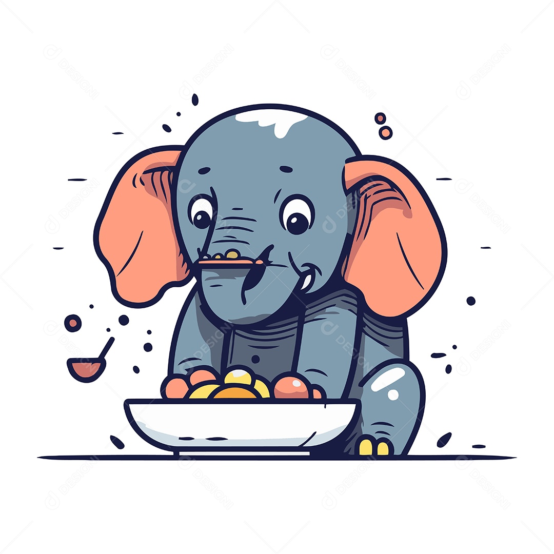 Elefante Fofo com Tigela Ilustração Vetor EPS