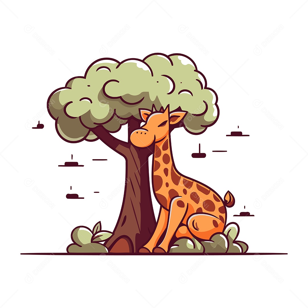 Girafa e Árvore de Desenho Animado Ilustração Vetor EPS
