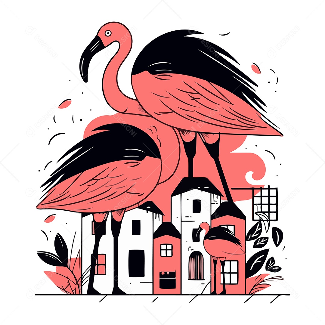 Flamingos de Desenho Animado Ilustração Vetor EPS
