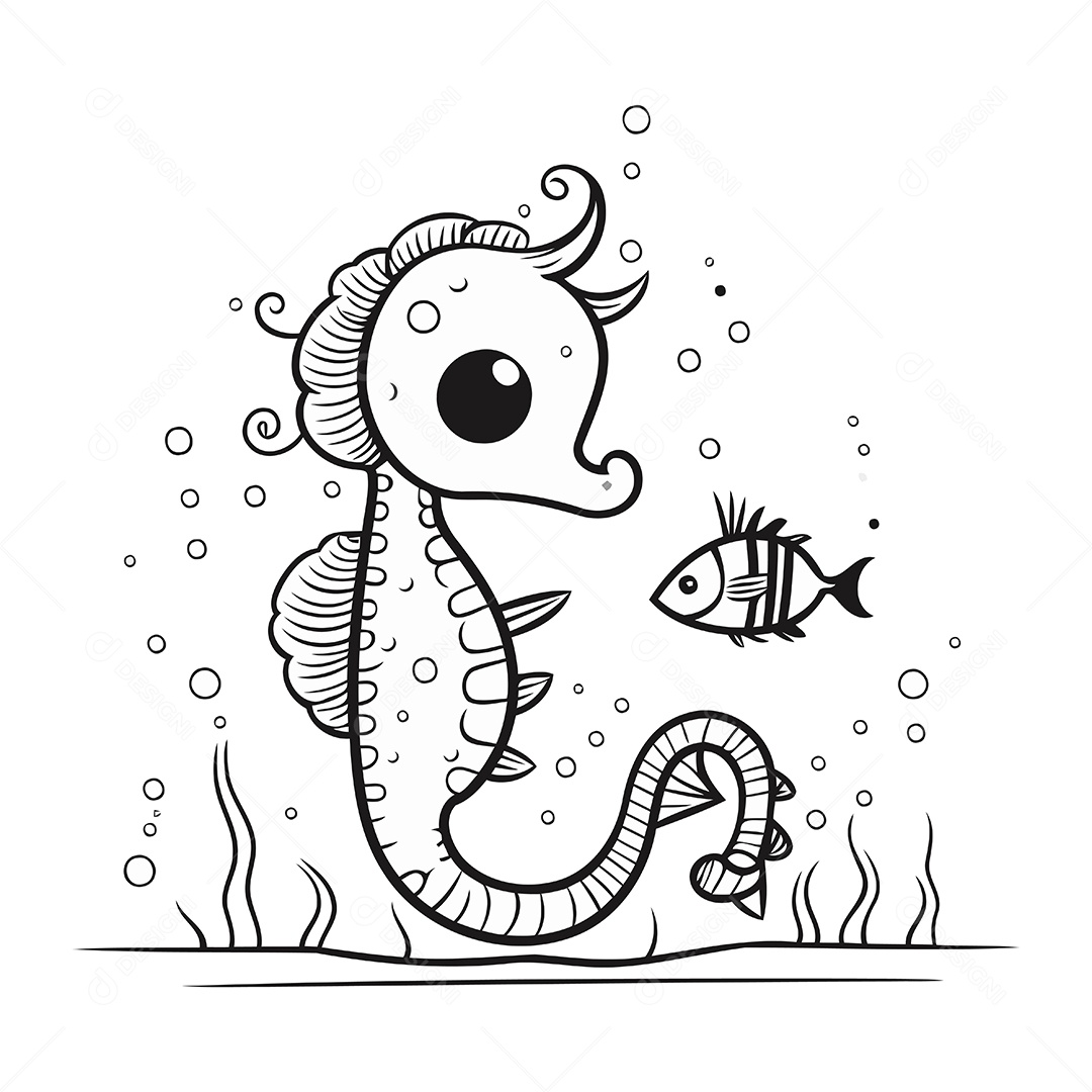 Cavalo Marinho e Peixe de Desenho Animado Ilustração Vetor EPS