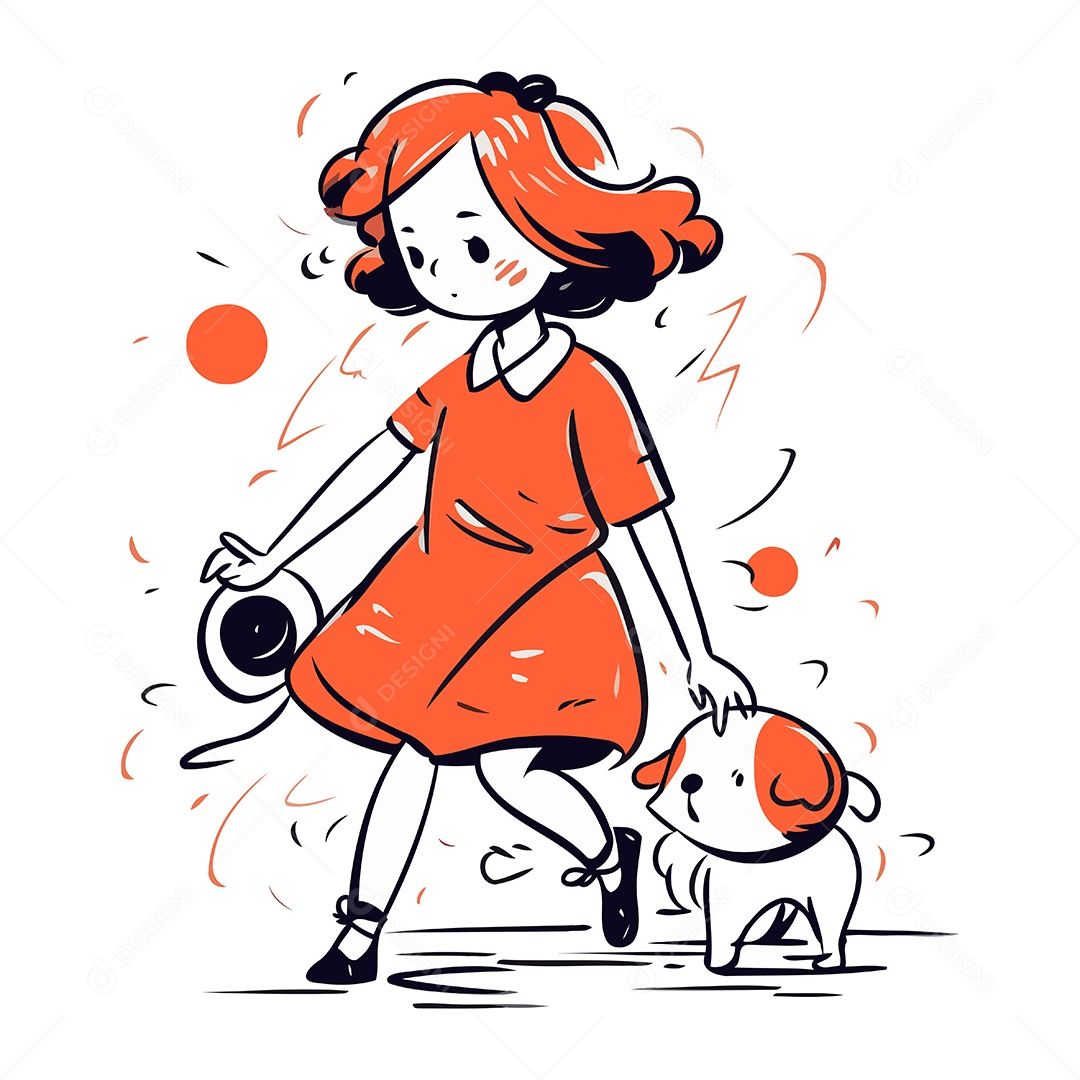 Menina Caminhando com Cachorro Ilustração Vetor EPS