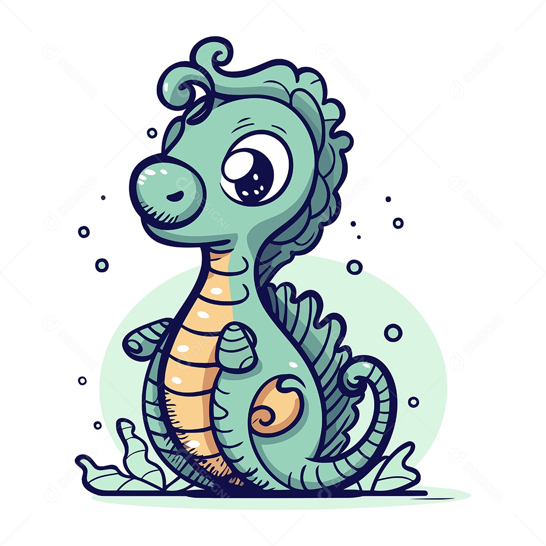 Cavalo Marinho Fofo de Desenho Animado Ilustração Vetor EPS