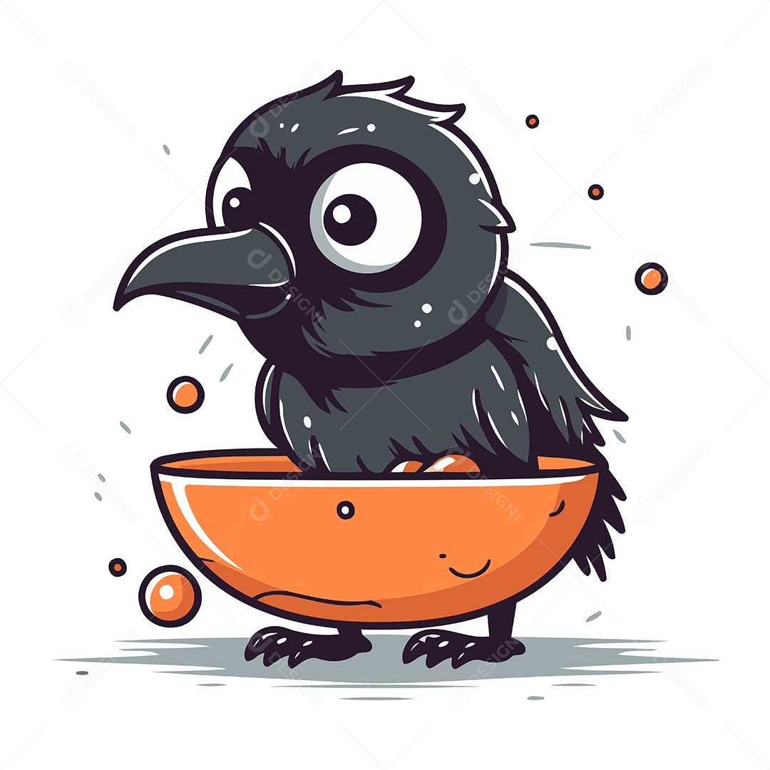 Corvo Preto Fofo Sentado em uma Tigela Ilustração Vetor EPS
