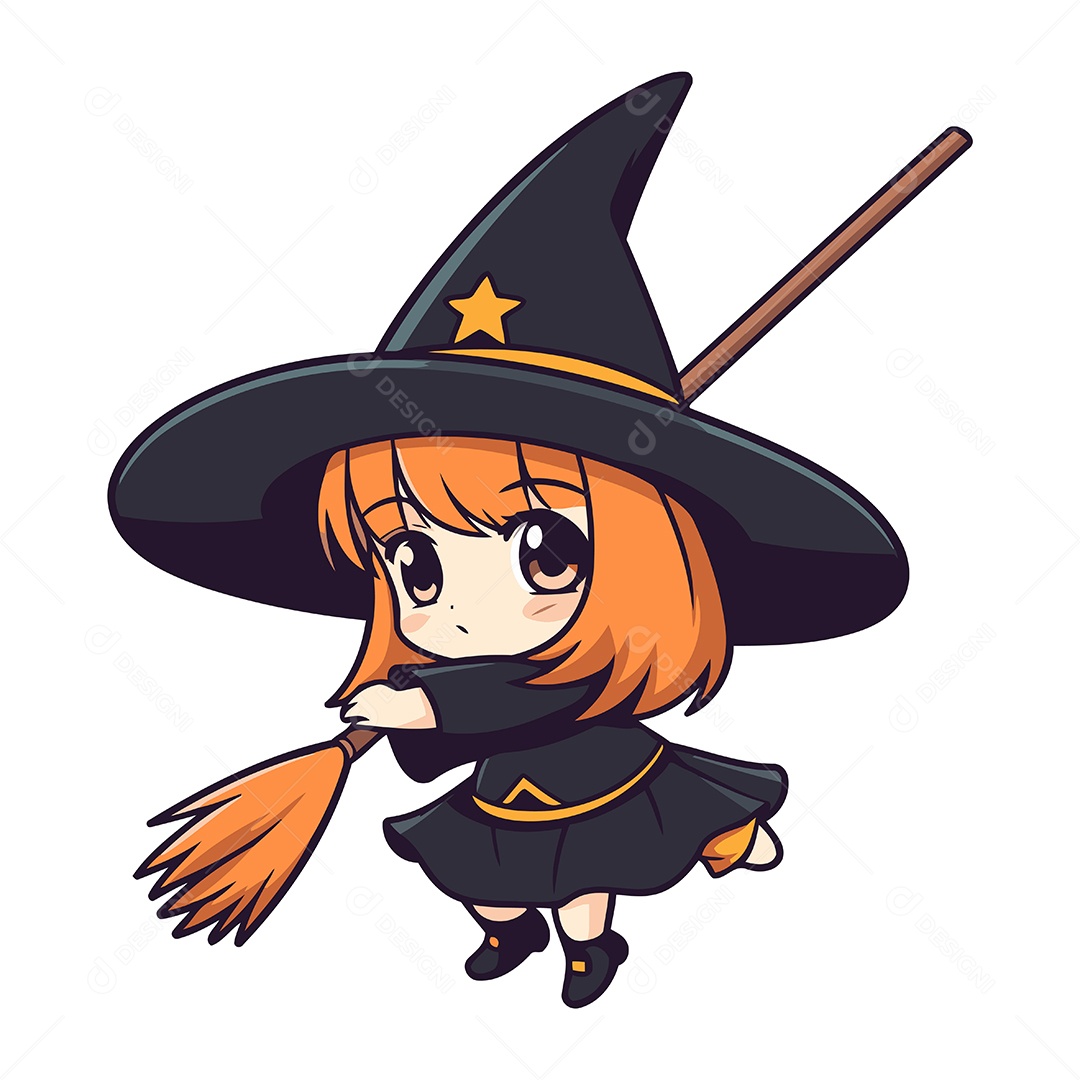 Bruxinha Fofa com Vassoura Ilustração Vetor EPS