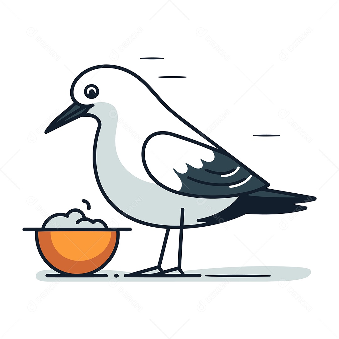 Gaivota Fofa Comendo em uma Tigela de Desenho Animado Ilustração Vetor EPS