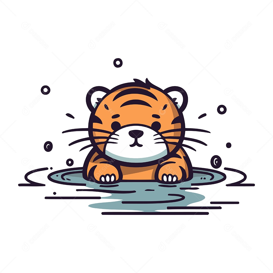 Tigre Fofo na Água de Desenho Animado Ilustração Vetor EPS