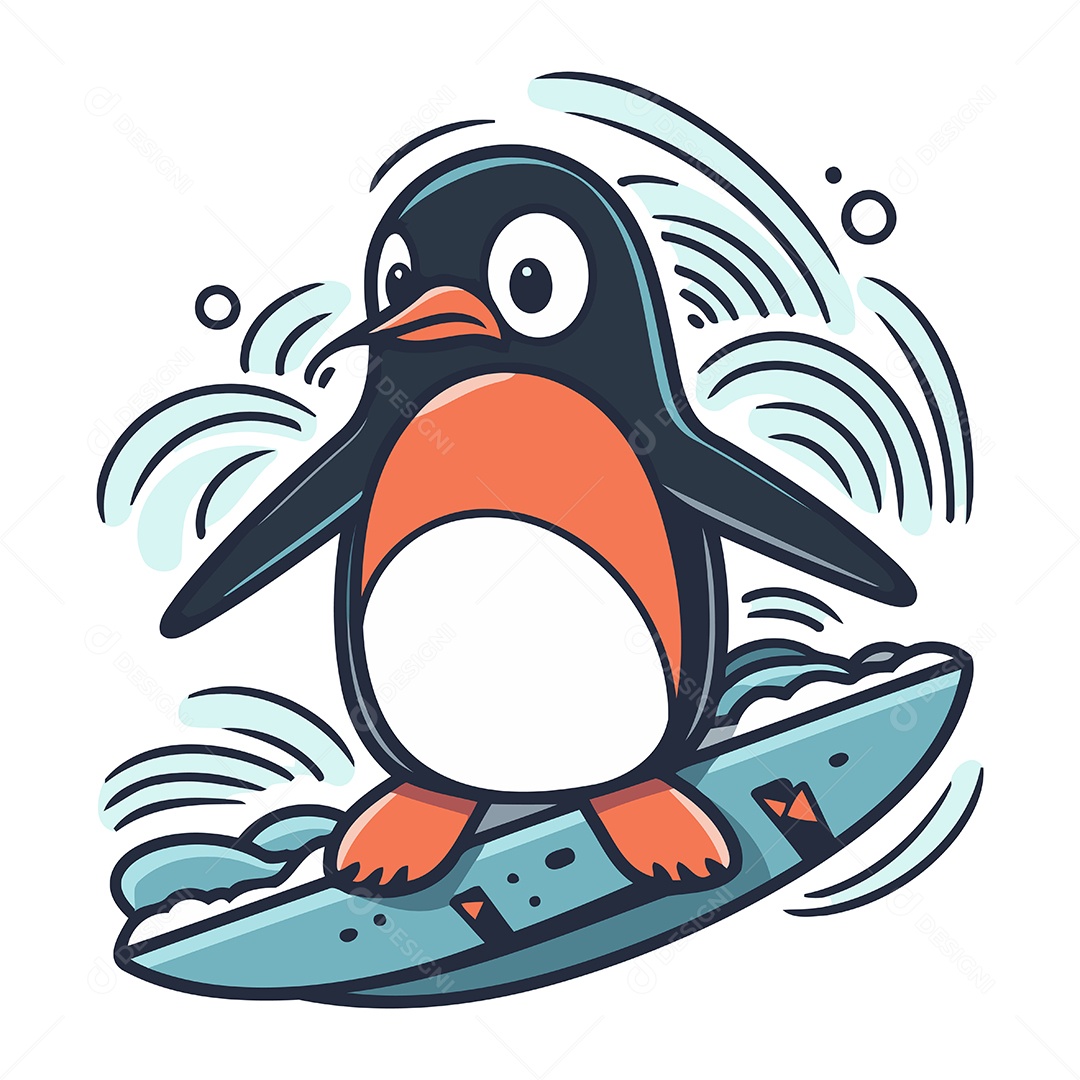 Pinguim Fofo com Prancha de Surfe Ilustração Vetor EPS