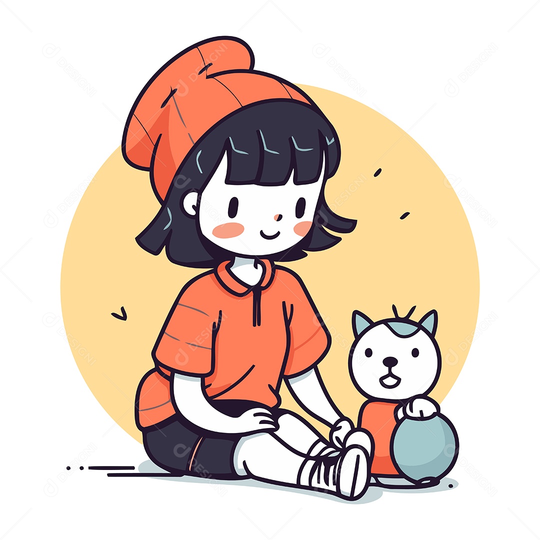 Menina Brincando com Gato Ilustração Vetor EPS