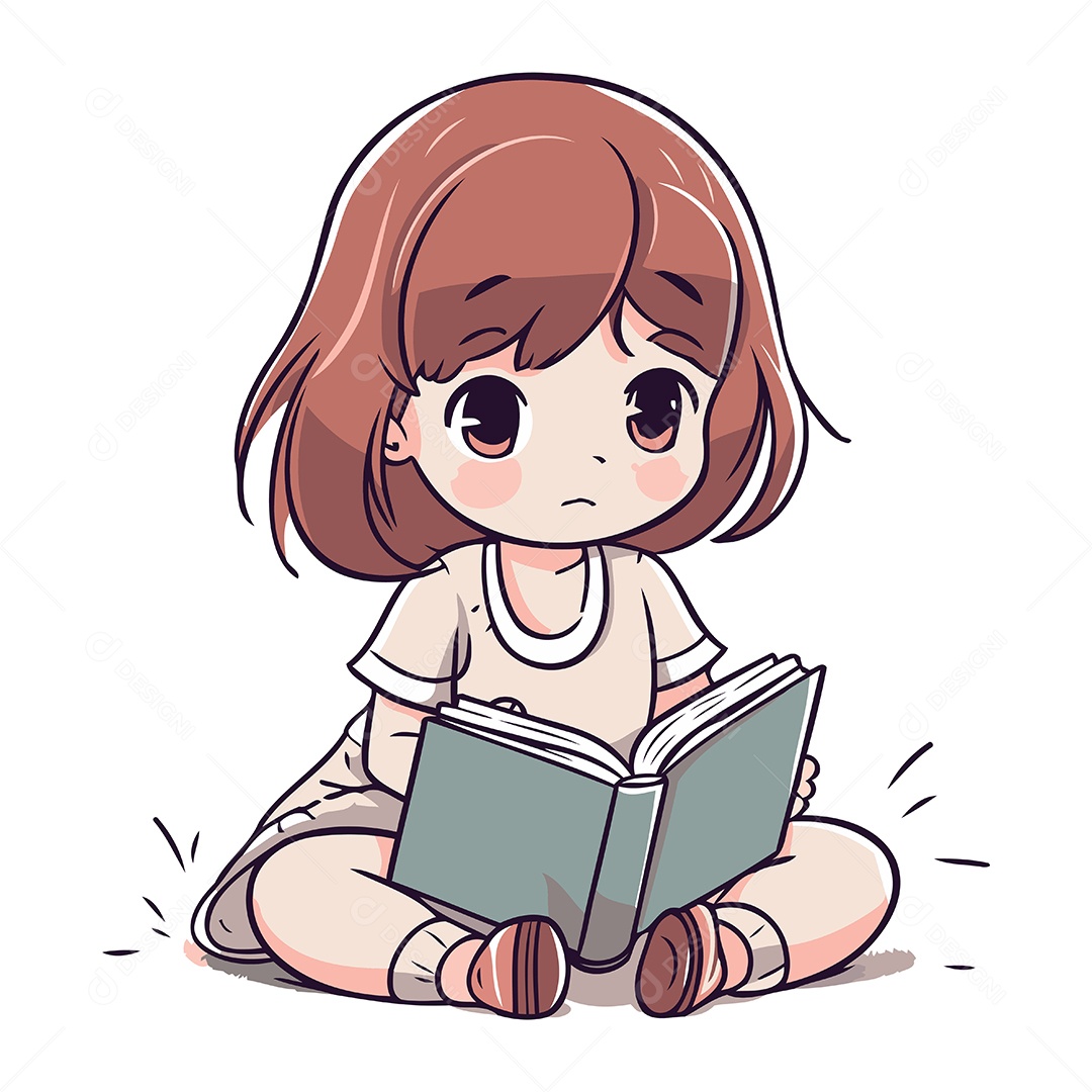 Menina Lendo um Livro de Desenho Animado Ilustração Vetor EPS