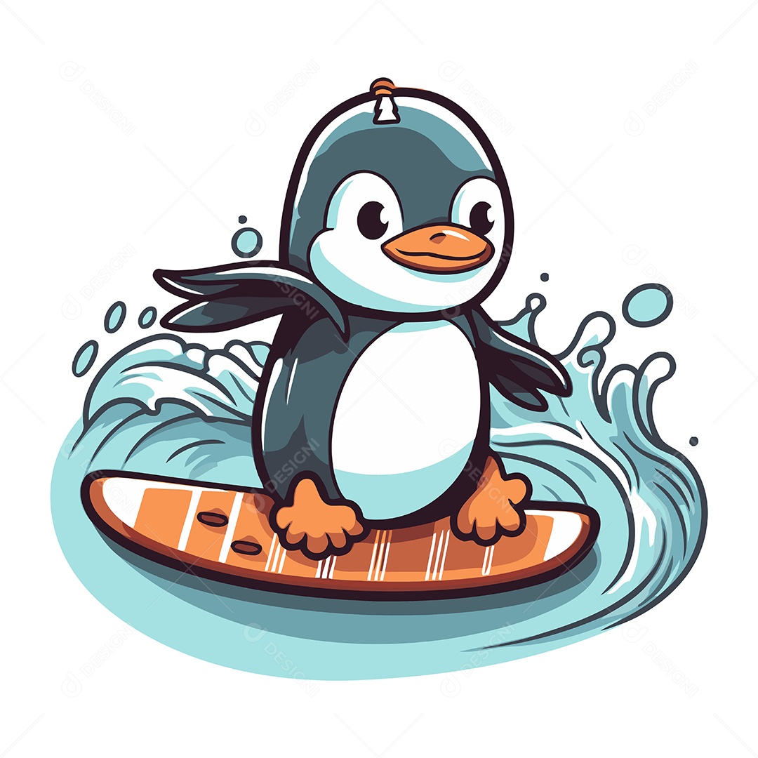 Pinguim com Prancha de Surfe Ilustração Vetor EPS