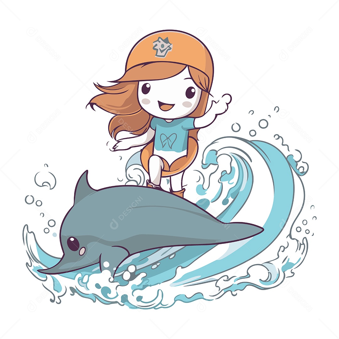 Menina Surfando com Golfinho Ilustração Vetor EPS