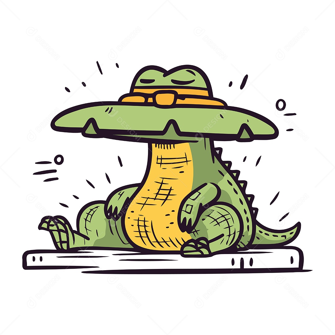 Crocodilo de Chapéu Desenho Animado Ilustração Vetor EPS