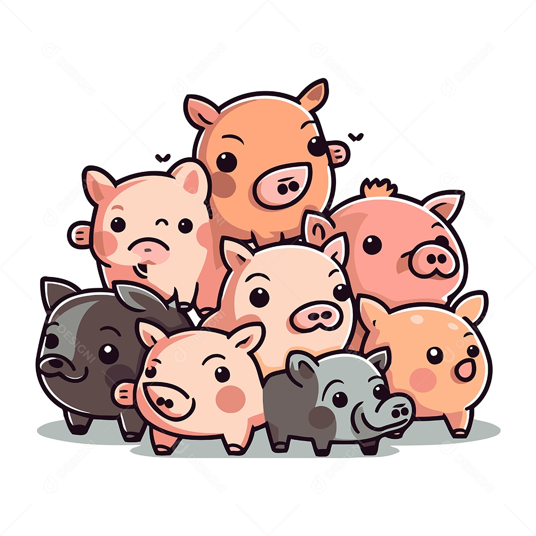 Grupo de Porquinhos Fofo Desenho Animado Ilustração Vetor EPS
