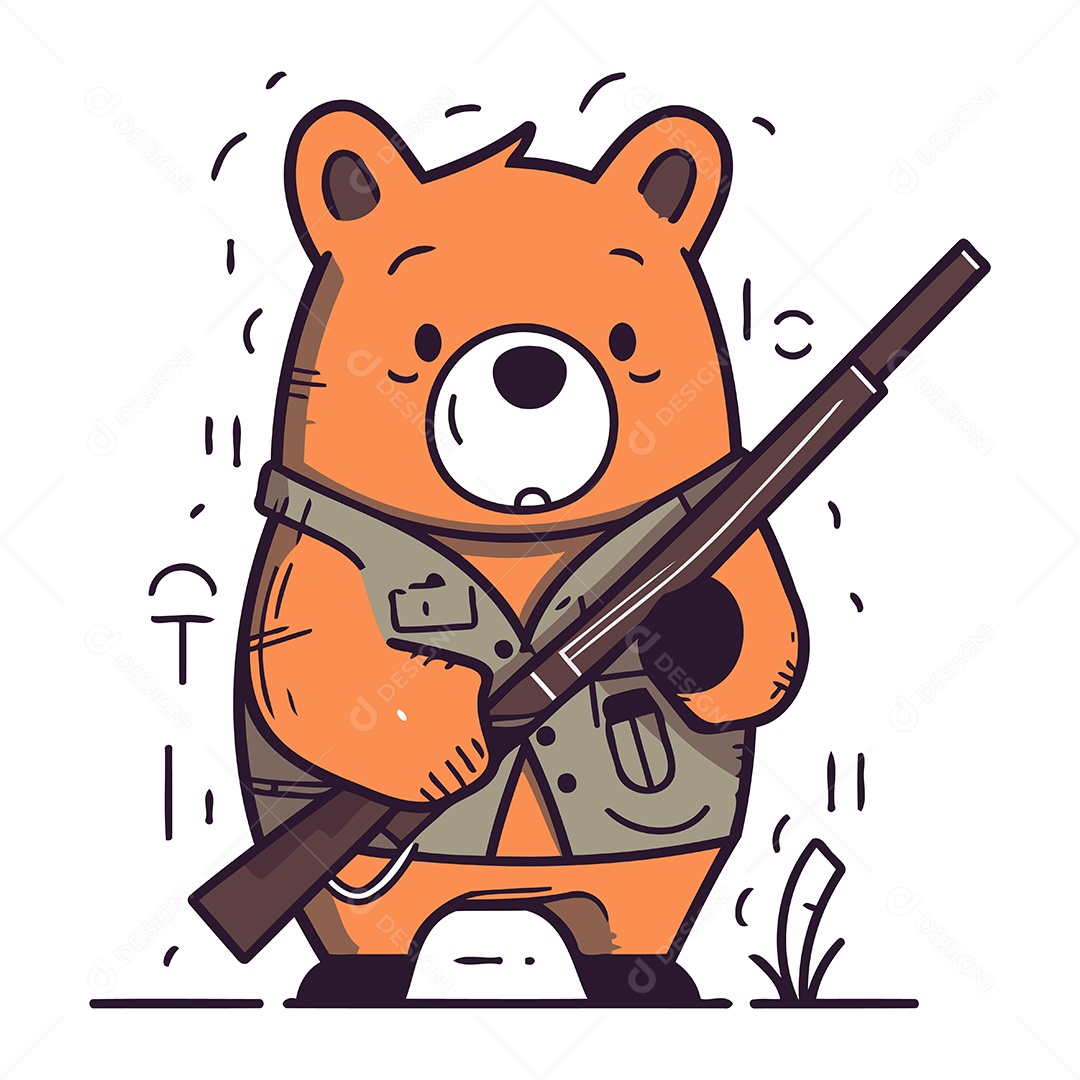 Urso Fofo com Rifle de Desenho Animado Ilustração Vetor EPS