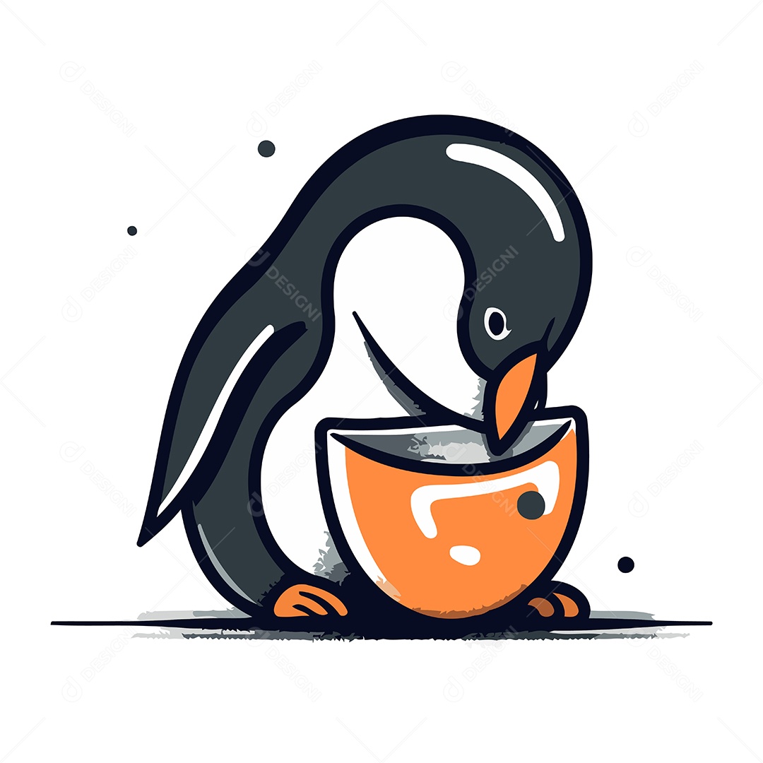 Pinguim Fofo com uma Tigela Ilustração Vetor EPS