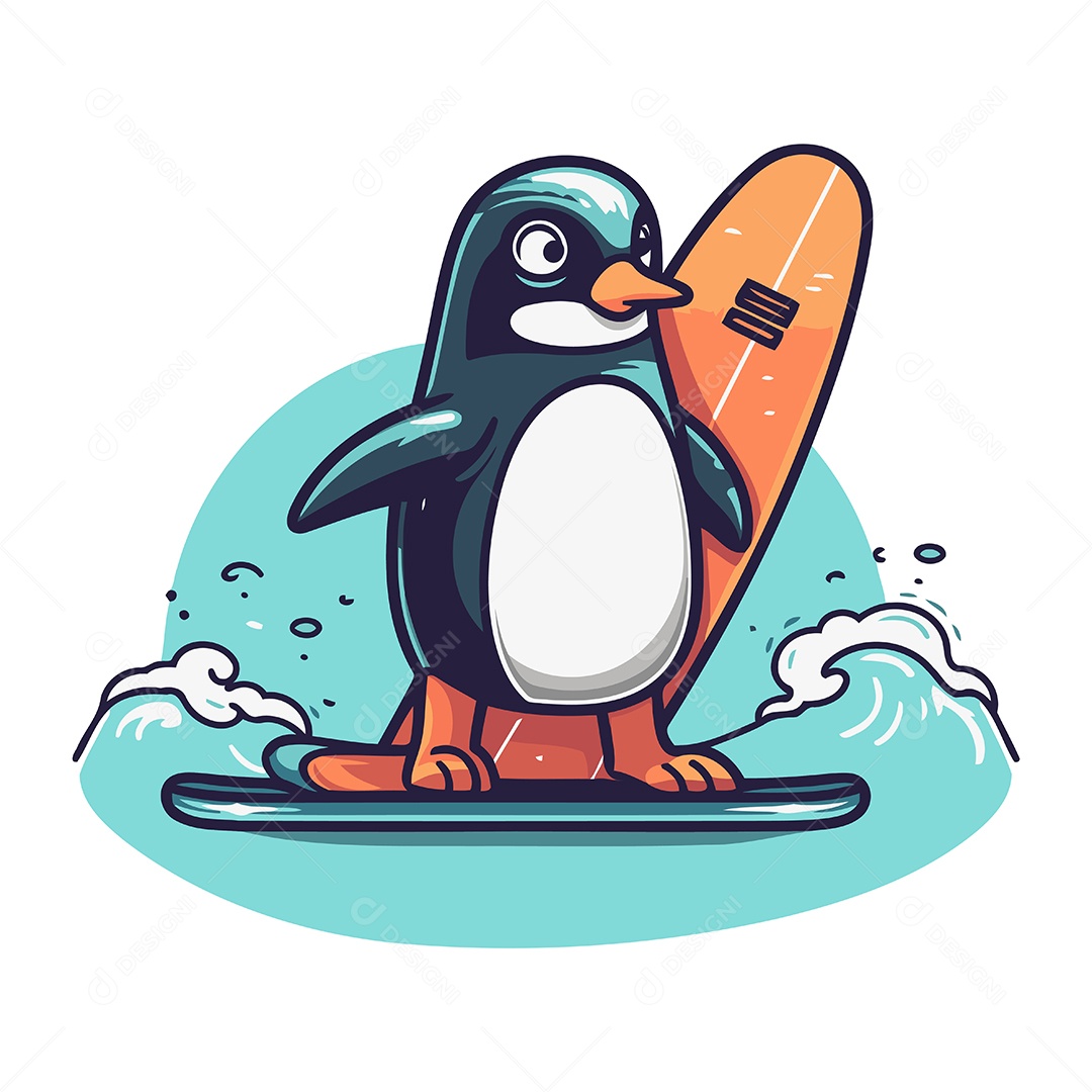 Pinguim com Prancha de Surfe Ilustração Vetor EPS
